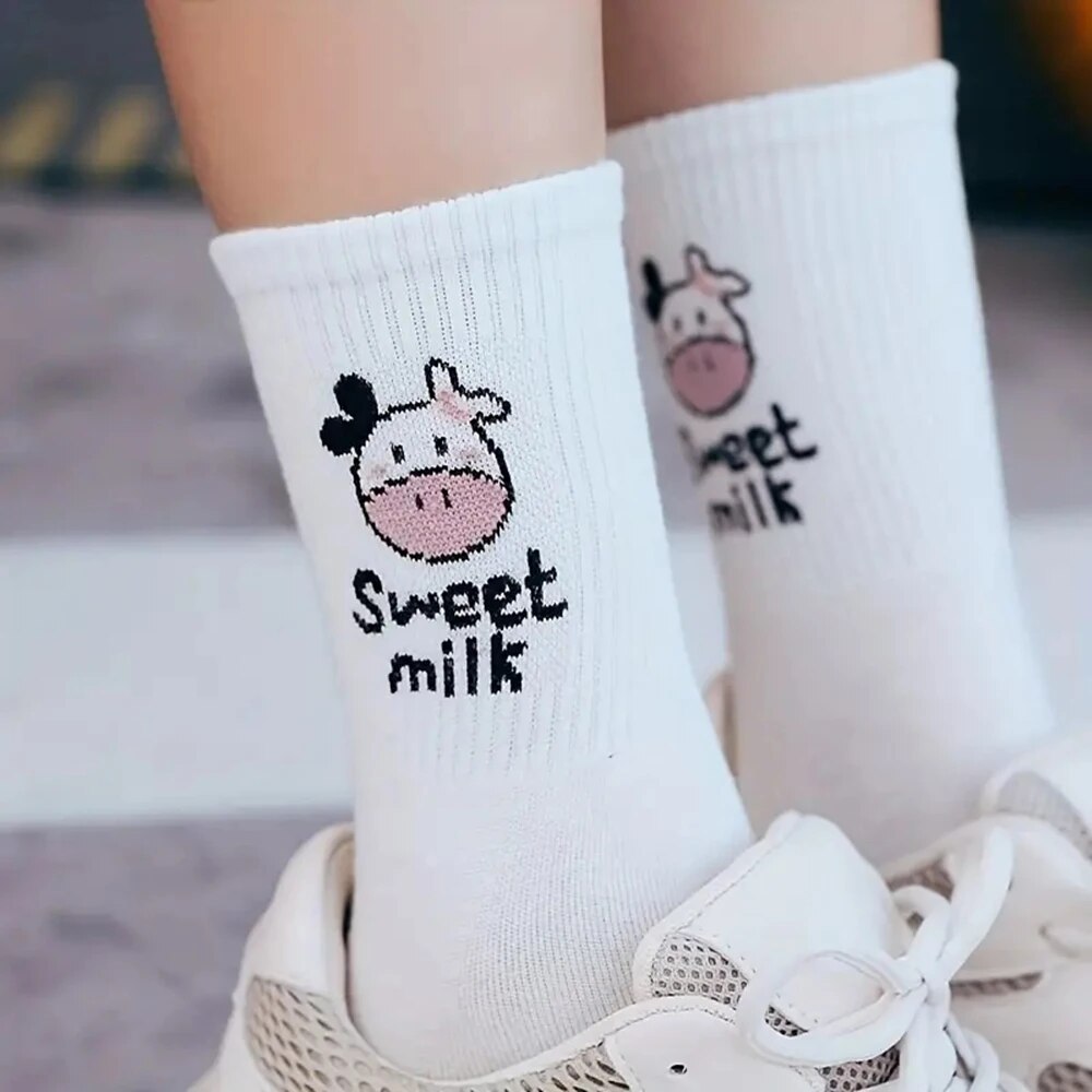 Medium black and white ladies double cartoon 5 print socks cute ankle socks spring and autumn fashion sweet girl stockings