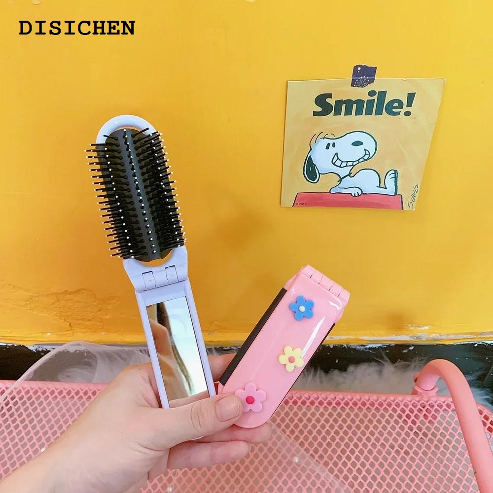 DISICHEN Fashion 1pc Cute Folding Air Bag Comb with Mirror Compact Pocket Size Portable Travel Hair Brush Cosmetic Mirror Head Massager Relax
