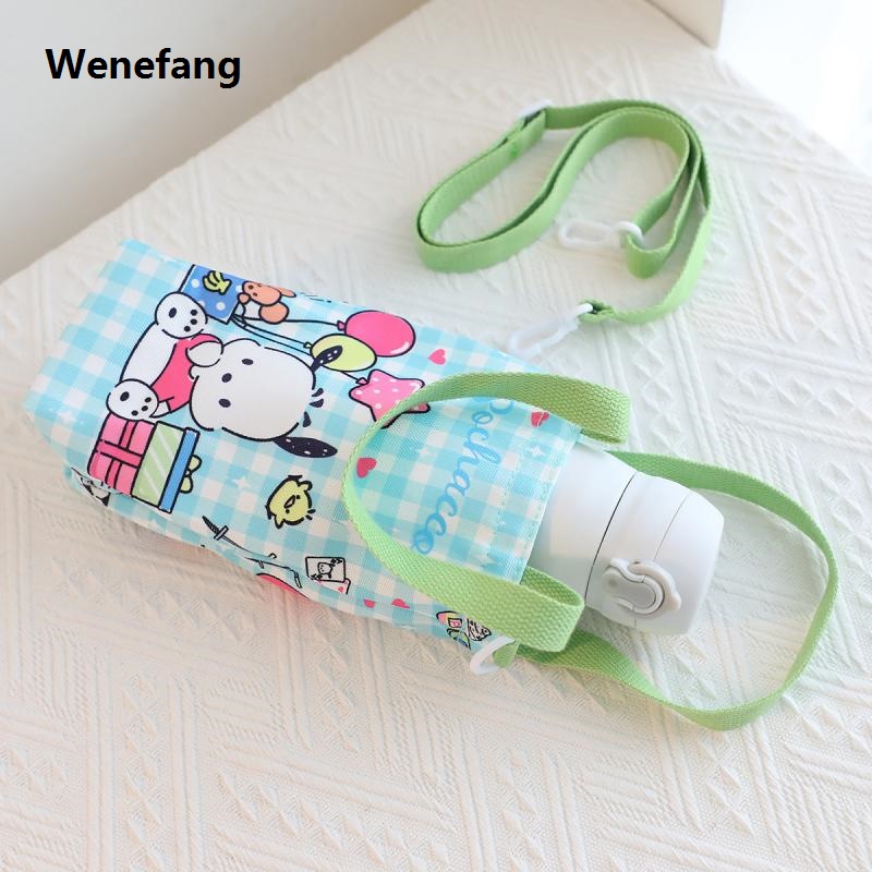Wenefang Kawaii Sanrio Hello Kitty Water Bottle Bag Cute Figure Kuromi Cinnamoroll Pochacco Canvas Mug Bags Crossbody Tote Girls Gifts