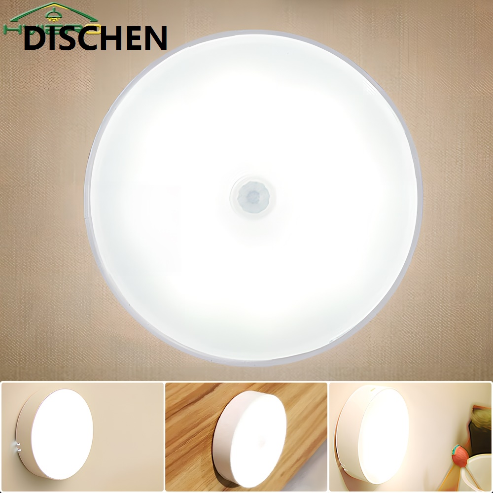 DISCHEN Wireless Night Light Motion Sensor Bedroom 8LED Detector Wall Decoration Round Lamp Room Staircase Closet Bedside Wardrobe Bulbs