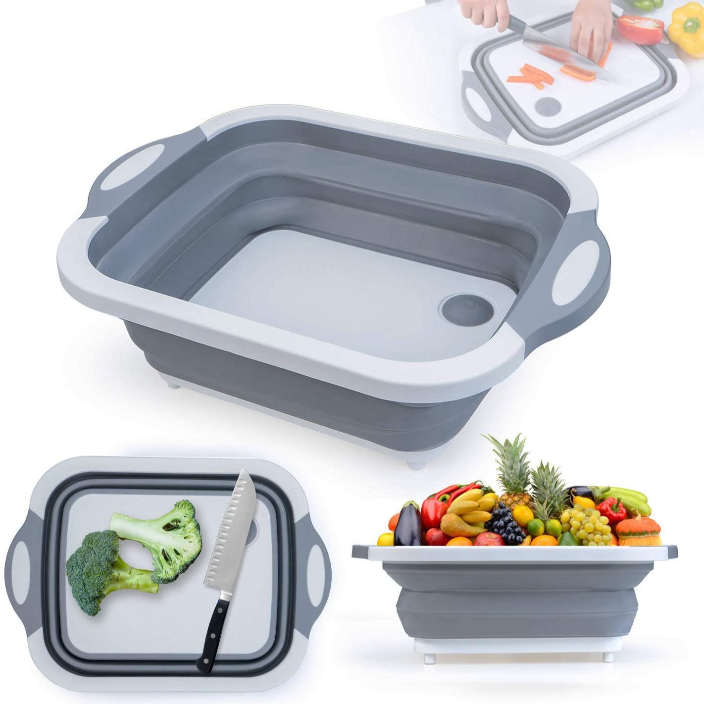 Portable Cleaning Collapsible Dish Washing Bucket Chopping Board Foldable Basin Outdoor Fishing Fruit And Vegetable Drainer Basket, Dish