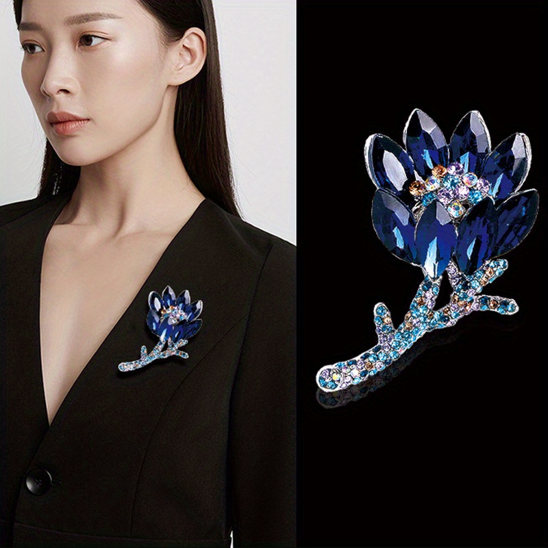Ladies Luxury Blue Crystal Brooch Creative Plant Flower Rhinestone Brooches Female Coat Accessories Men's Suit Corsage Pin Badge