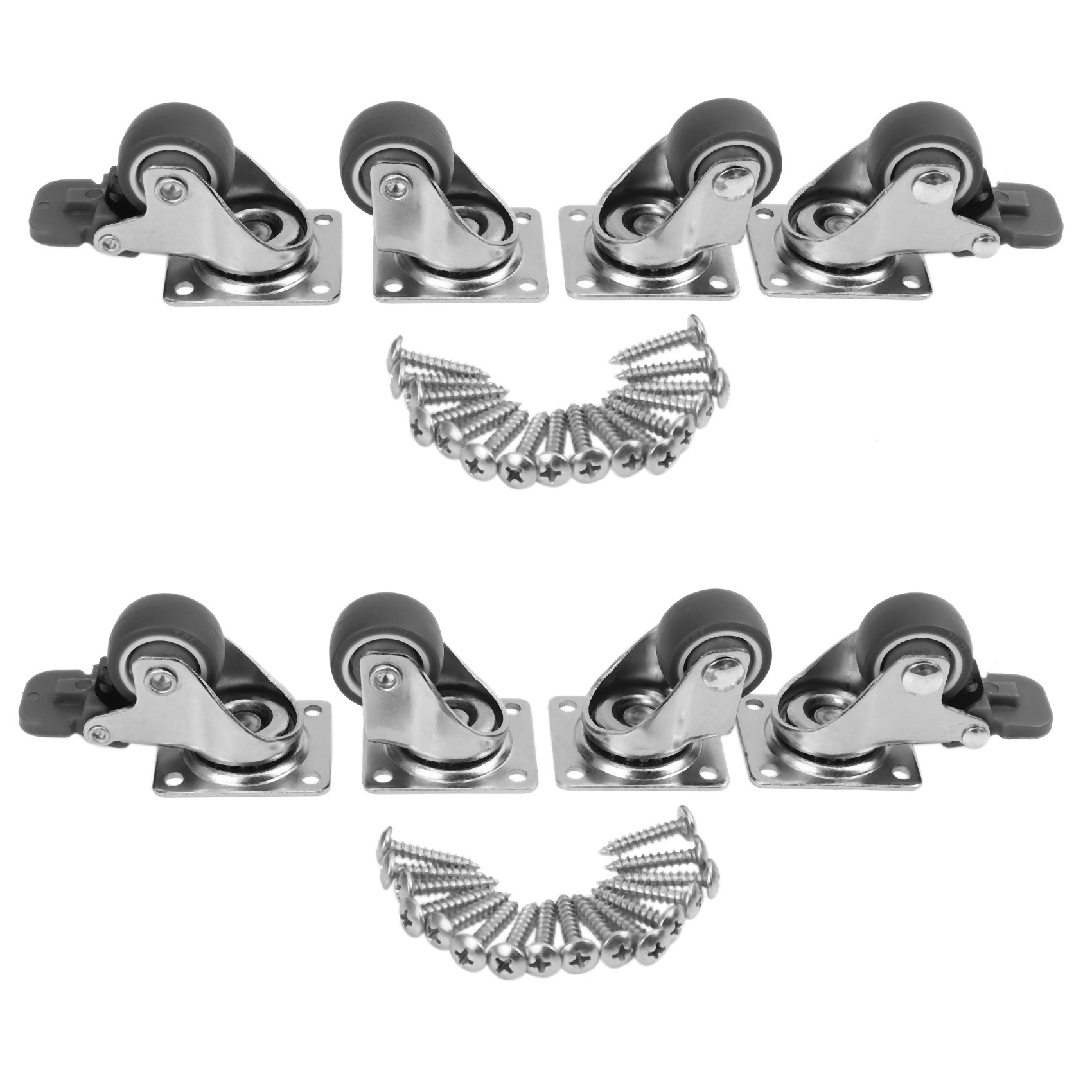 Kqueebee 8 Pack 1 inch Low Profile Casters Wheels Soft Rubber Swivel Caster (4 with Brakes & 4 Without)