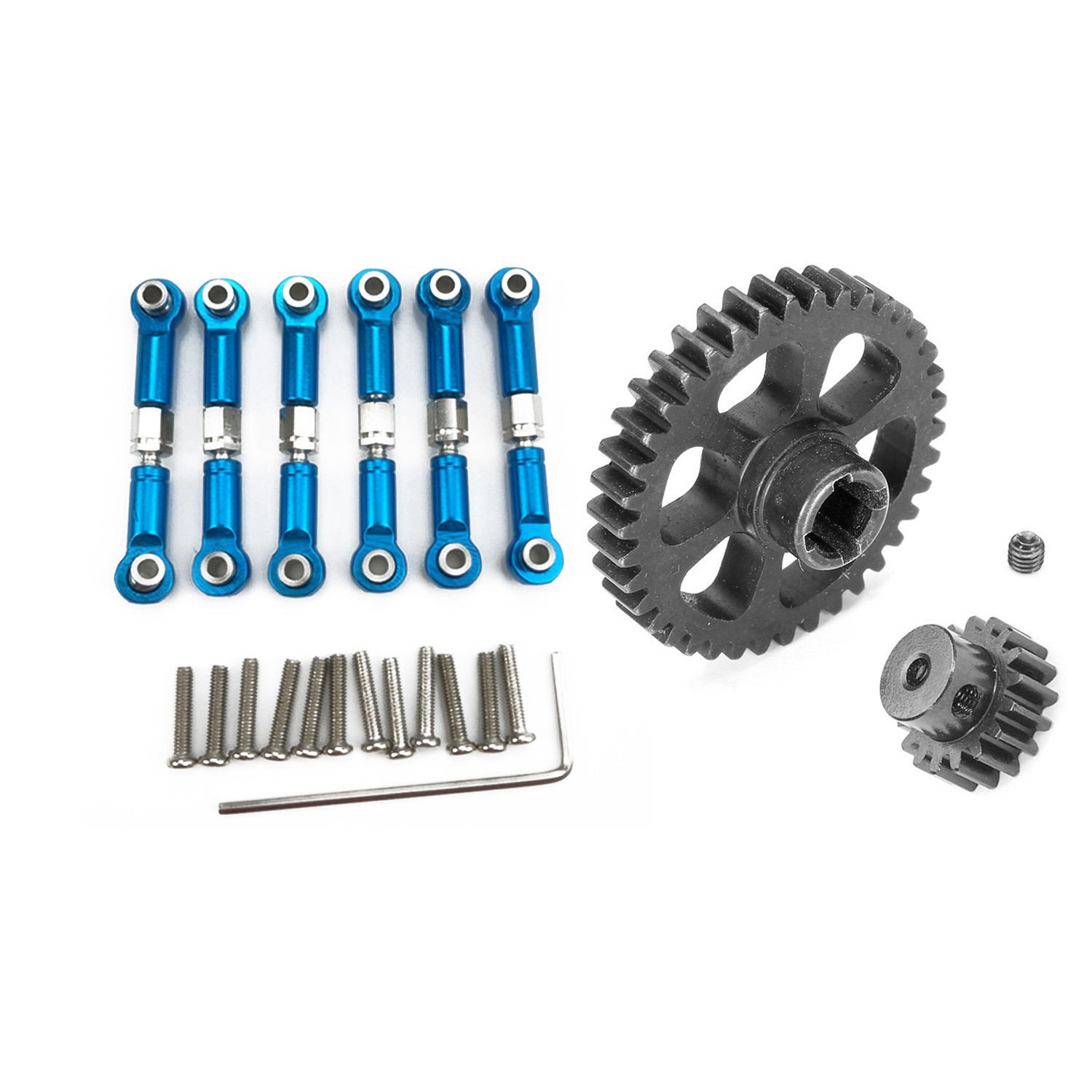 (GGBR) 1 set Upgrade Part Metal Reduction Gear + Motor Gear Spare Parts & 1 set Adjustable Metal Linkage Pull Rod Front /Rear Servo Link,Blue For A949 A959 A969 A979 K929 RC Car