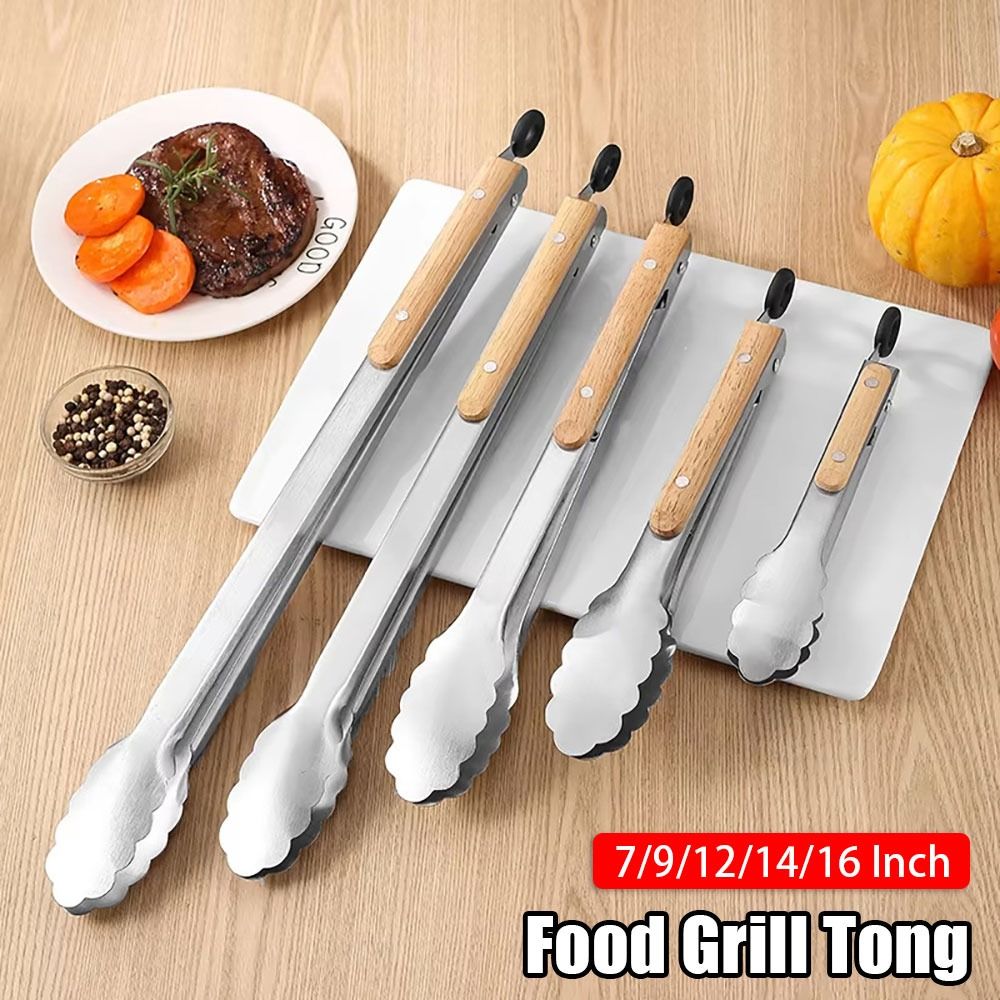 1Pcs New Stainless Steel Grill Tong BBQ Grill Use Wooden Handle Food Tongs Kitchen Accessories 7/9/12/14/16 Inch Cooking Clamp