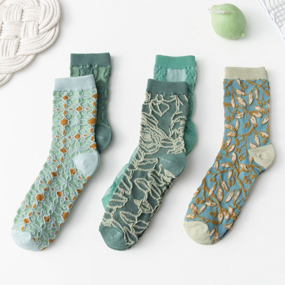 5 Pairs Casual Vintage Japanese Floral Textured Socks Mid Calf Boho Ethnic Cotton Socks 3D Textured Stacked Socks All-Season