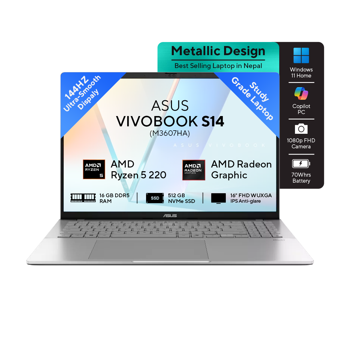 ASUS Vivobook S14 - M3407HA | 14.0-inch, WUXGA | Ryzen 7 260 | 16GB RAM | 1TB Gen 4 SSD | Windows 11 | Matte Gray | Backpack | Mouse | 2 Year Int'l Warranty | 1 Year Perfect Warranty - Nagmani International Pvt. Ltd