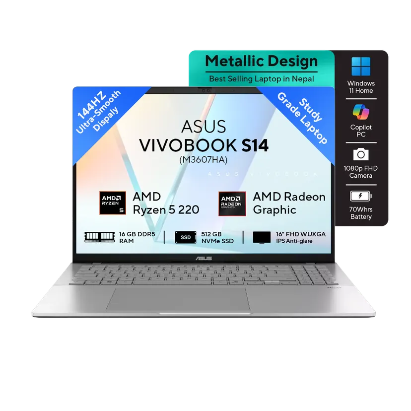ASUS Vivobook S14 - M3407HA | 14.0-inch, WUXGA | Ryzen 7 260| 16GB RAM | 1TB Gen 4 SSD | Windows 11 | Matte Gray | Backpack | Mouse | 2 Year Int'l Warranty | 1 Year Perfect Warranty - Nagmani International