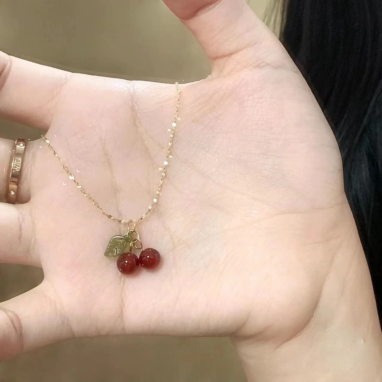 【Mega Sale】Green Leaves Cherry Female Ins Student All-match Japanese Style Cute Red Pendant