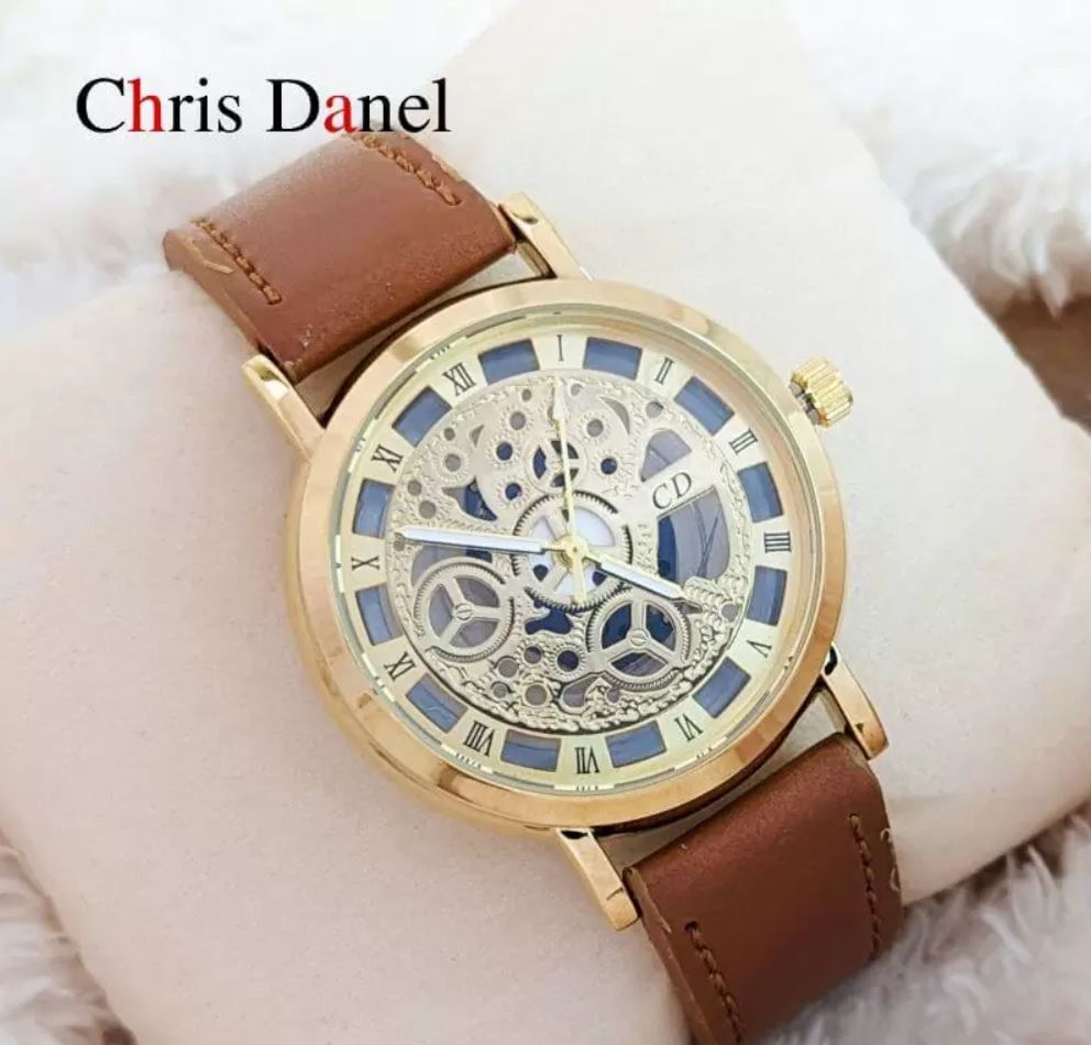 Chris Danel Men's Hollow Nacked Dialed Fashionable Designer Analog Watch - Golden/Black