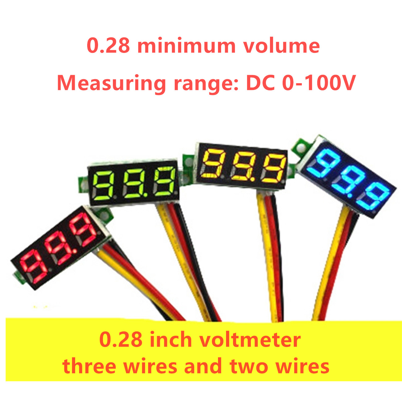 0.28 Inch 3 Wire Mini DC Voltmeter LED0-100V Car Power Bank Voltage Tester Detector 12V Red Green Blue