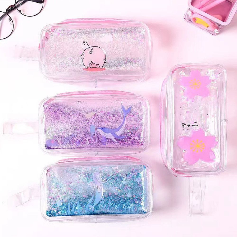 Cute PVC Pencil Bag Large Capacity Sequin Stationery Bag Cartoon Cosmetic Bag