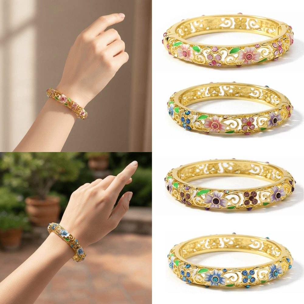Floral Pattern Alloy Cloisonne Bracelet Hollow Out Openwork Engraving Double Bangle Colored Enamel Filigree Flower Bangle Vintage Fashion