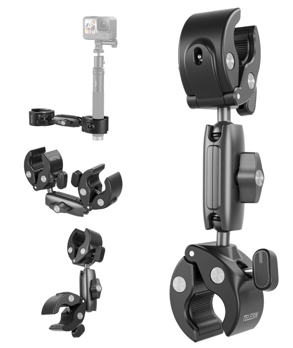 TELESIN Aluminum Alloy Double Clamp, Handlebar Mount ,Double Tube Clamp, Dual 360° Rotatable Ball Head,Rubber Pads, Selfie Stick Stand, Bike/Bicycle/Motorcycle Clamp Mount For Camera Insta360 GoPro 9 To 13, DJI Actoin 3 To 6 And All Other Action Camera.