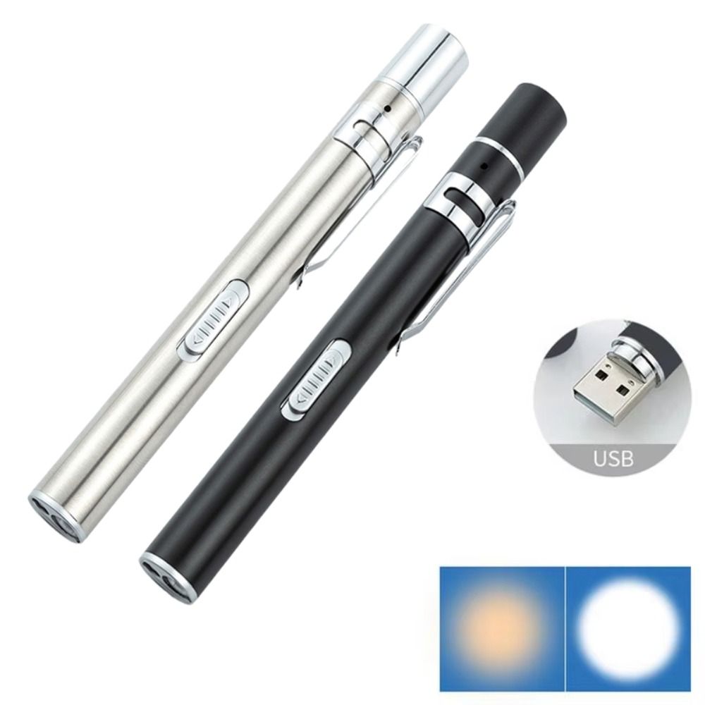 Durable Recharging Nurse Flashlight Stainless Steel Clip Yellow/White Lights Dual Light Pen Light Non-slip Portable Nursing Penlight Morning Checkups