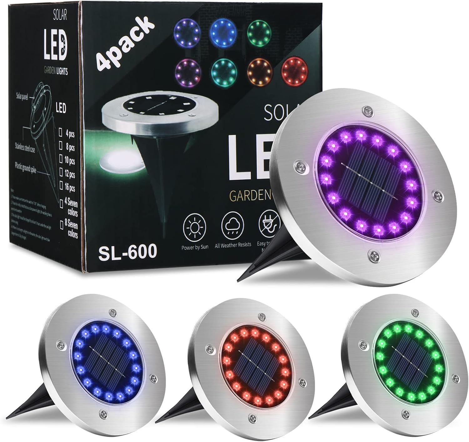 Solar Garden Floor Lamp Set - 16-Point LED Lights, Color-Changing Modes (White, Warm Yellow, Multicolor - 4 Pack)