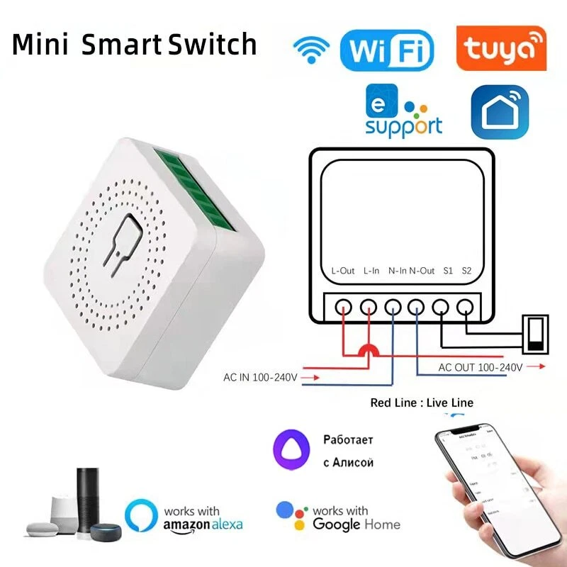 Mini 16A Smart Wireless WIFI Switch 2.4GHz, 16A, AC100-240V, Remote Control Module (Compatible with Alexa, Google home and Tuya, Smart life app, White,) retrofit smart switch.