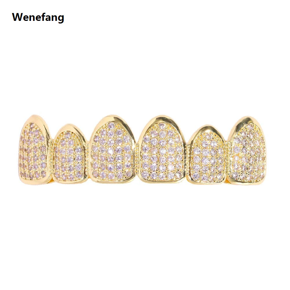 Wenefang Hop Full CZ Teeth Grillz Caps Bling Iced Out Cubic Micro Pave Top Bottom Charm Grills Set For Men Women Jewelry Gift
