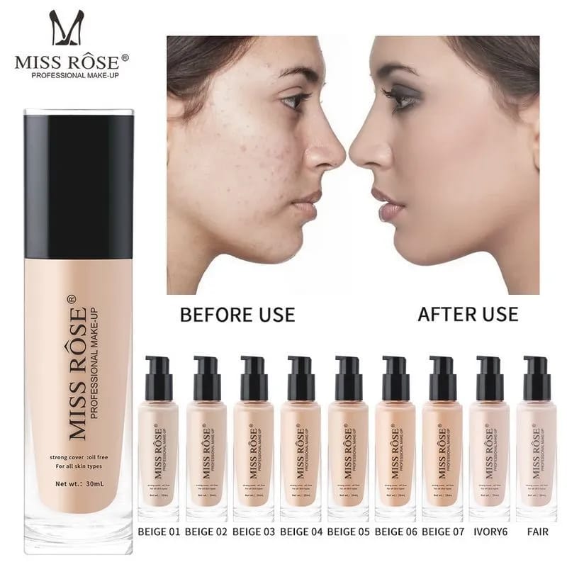 MISS ROSE Matte Liquid Foundation 30ml - Full Coverage & Waterproof