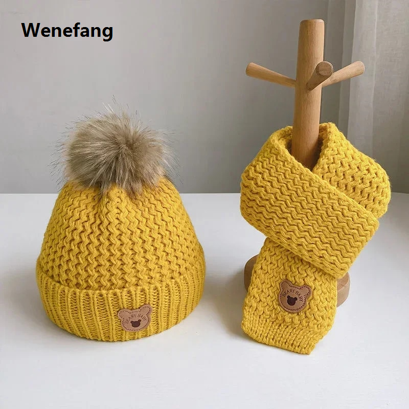 Wenefang Boys' Winter Knitted Boys and Girls' Warm Hat Version Winter Hat Baby Woolen Hat Children's Hat Scarf Set
