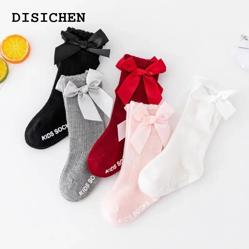 DISICHEN Sales promotion Baby Girls Big Bow Knee High Long Soft New Kids Socks Toddlers Cotton Lace Baby Socks Kids Dropshipping Girls non-slip Socks