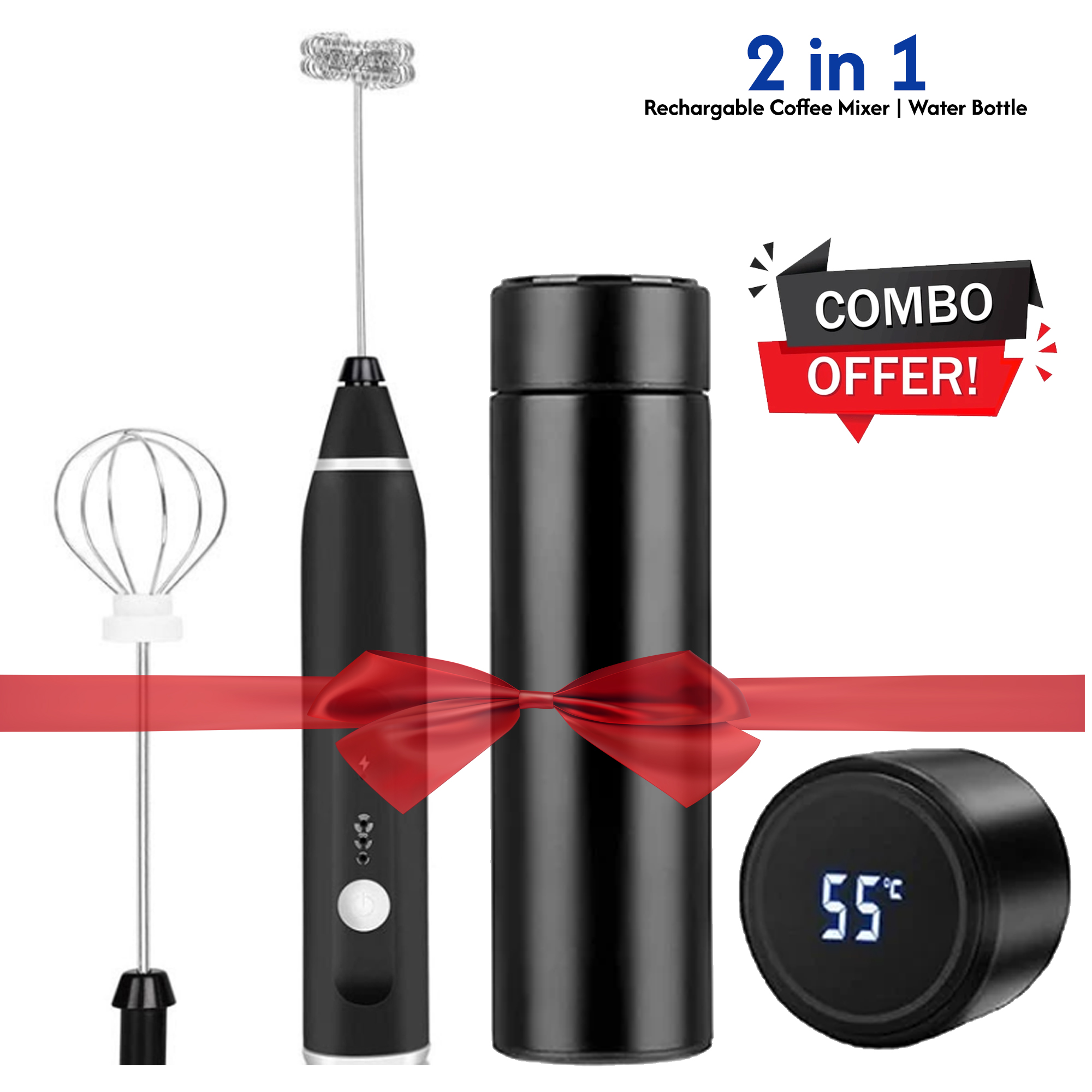 2-in-1 Combo: LED Temperature Display Vacuum Insulated Water Bottle for Hot & Cold Drinks | USB Rechargeable Coffee Mixer & Milk Frother, Whisk Egg Beater (Random Color)