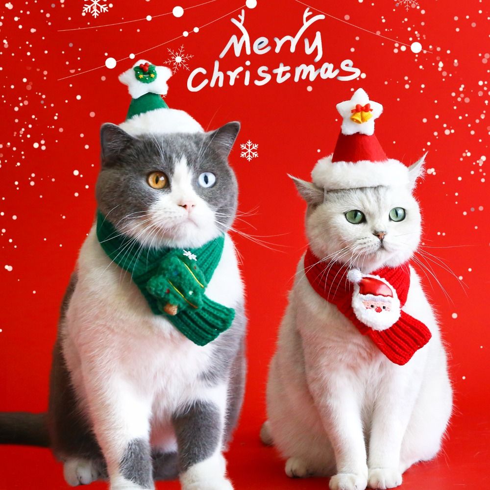 New Red Pet Christmas Scarf Green Wool Warm Scarf Santa's Hat Cat