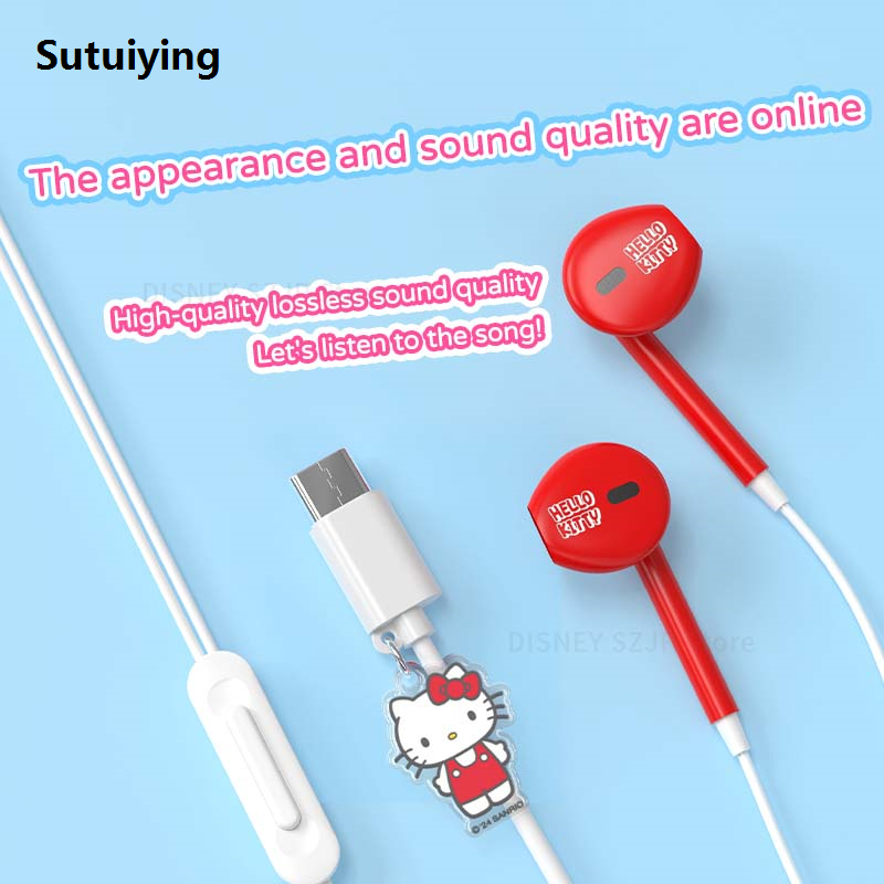 Sutuiying Hello Kitty in-ear Wired Earphones Sanrio Kuromi Pendant Series New Earbuds Cinnamoroll Kawaii Games Sports Headphones Girl Gifts