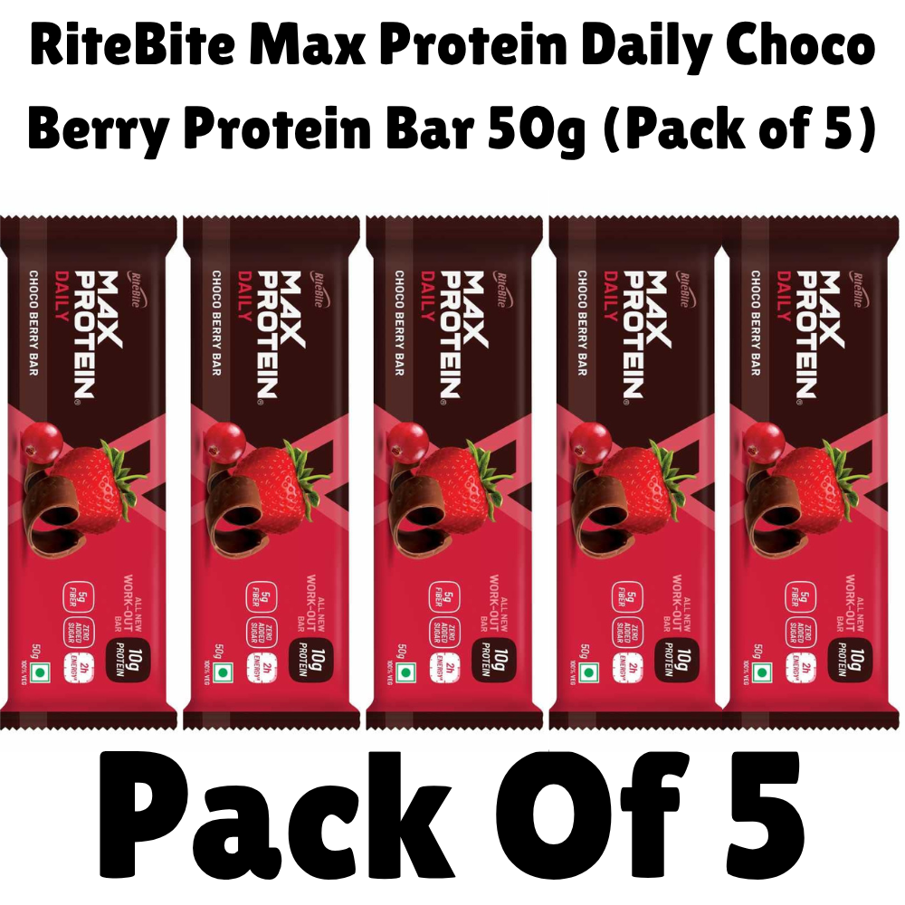 RiteBite Max Protein Choco Berry Bar 50G ( Pack Of 5PC )High Protein Snack for Adults, 10G Protein & 5G Fiber with 21 Vitamins & Omega 3, No Added Sugar, Energy Boosting Pre/Post Workout Bar | Protein Bars | Protein Bar Chocolate | Protein Bar Sugarfree