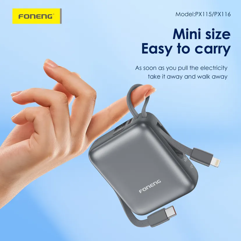 Foneng 10000mah powerbank | Mini Power bank | 2 Built in Cable | 22.5Watt Fast Charging | Multiple charging | 3C Certified powerbank | PD charging | QC | Polymer battery | Slim pocket friendly | 1 year warranty | White & Dark Gray | PX115 |