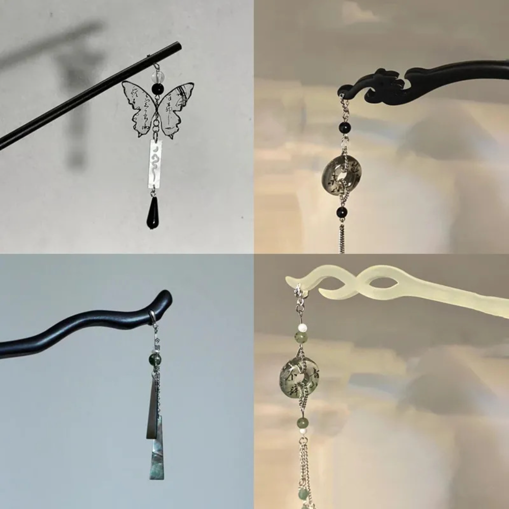 Tassel Hair Sticks Ink Butterfly Hair Fork Handmade Chinese Style Hairpin for Fashion Statement Cultural Events Costume Accessory