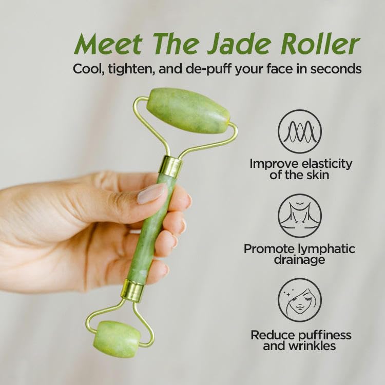 Natural Jade Stone Facial Roller , Dual-Head Massager for Face and Neck, Metal Frame