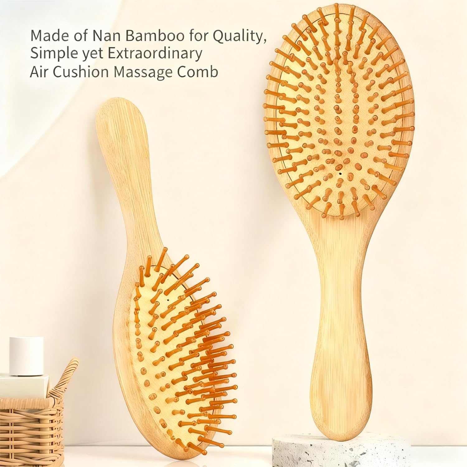 Natural Bamboo Hair Brush with Rounded Wooden Bristles and Air Cushion Base - Scalp Massage Detangling Hair Comb for Smooth, Tangle-Free Hair, Suitable for Wet and Dry Hair Care (1 Piece)