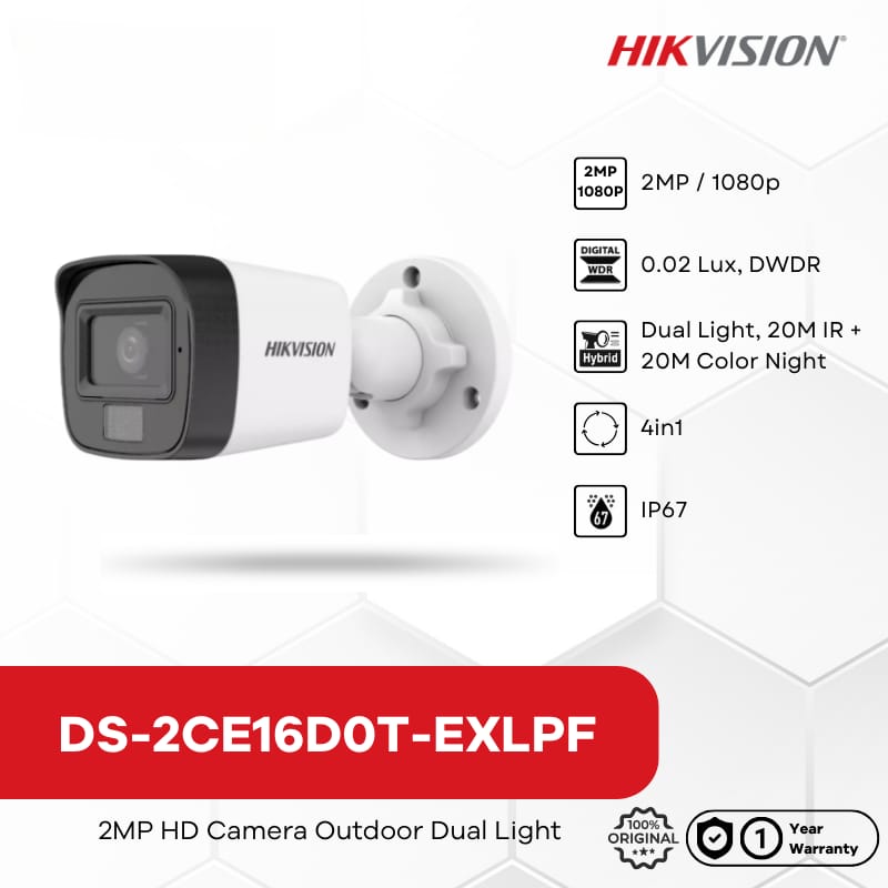 Hikvision 2 MP Smart Hybrid Light Fixed Mini Bullet Camera (DS-2CE16DOT-EXLPF ) Need DVR For Setup