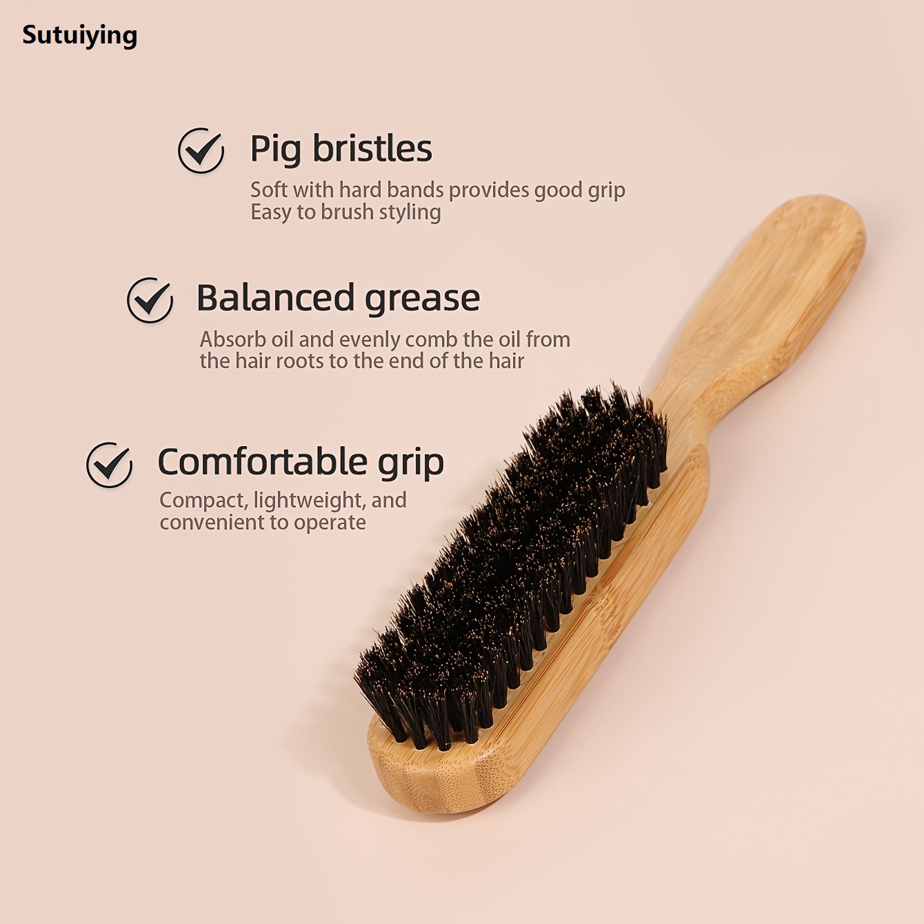 Sutuiying Styling hair brush, bristle brush, bamboo and wood handle, Portable suitable for both men and women, hair and beard styling