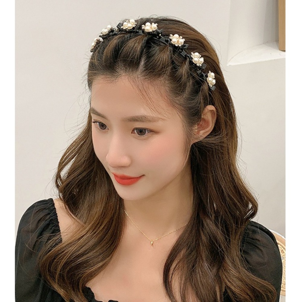2024 New Exquisite Black Braided Headband Small Clips Thin Vintage Pearl Hair Hoop Elegant Korean Hair Accerrory for Makeup Wash Face