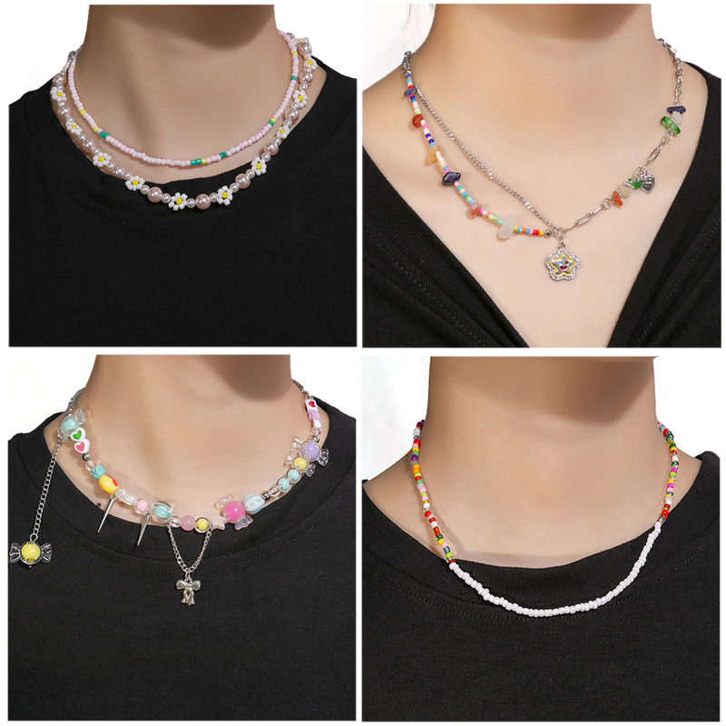 【Mega Sale】Dopamine Colorful Stone Smiley Necklace Beaded Flower Sweet Style Clavicle Chain Love Pendant Female