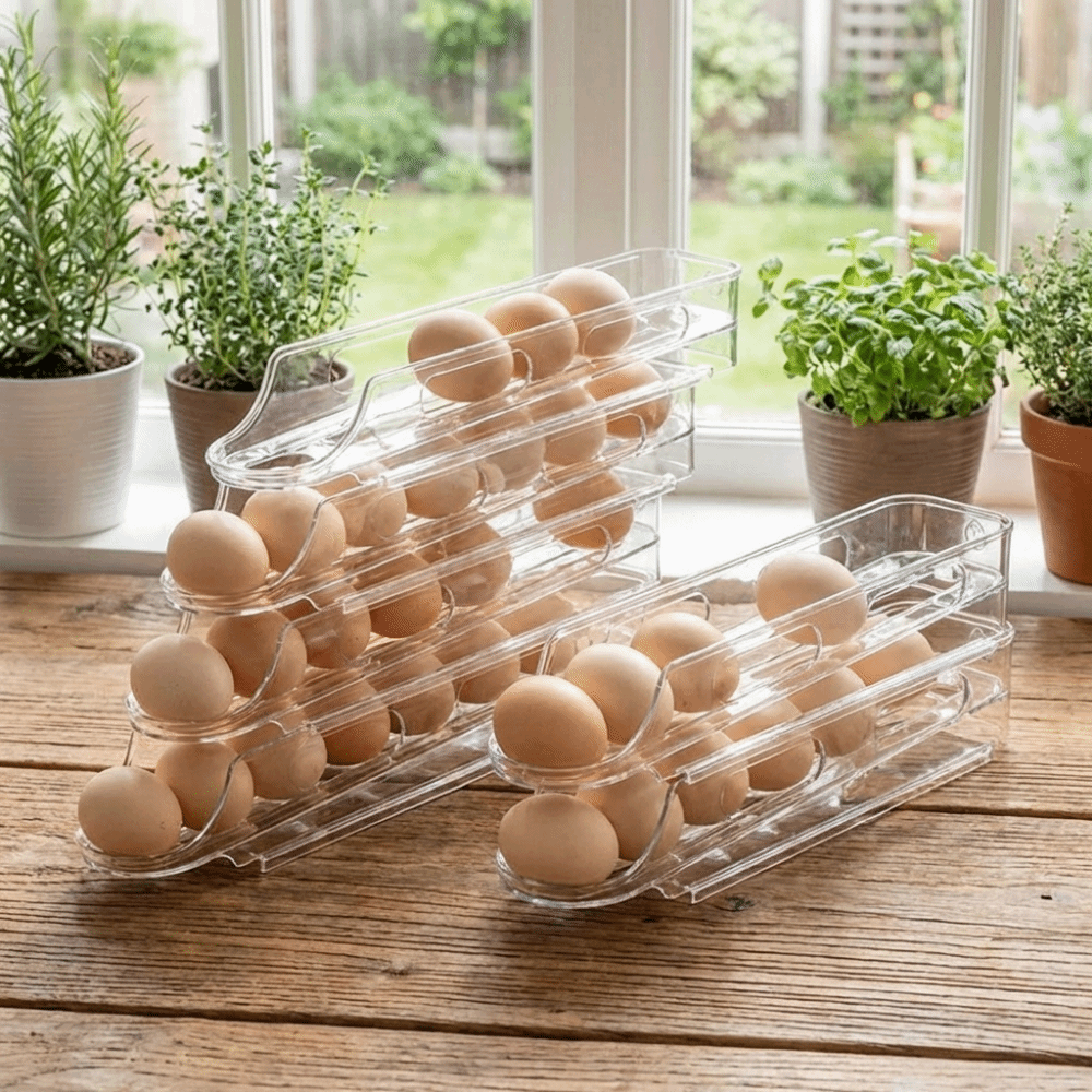 2PCS Practical Plastic Automatic Slide Egg Storage Box Clear Large Capacity Egg Storage Box Space Saving Stackable Egg Storage Trays Refrigerator Side Door
