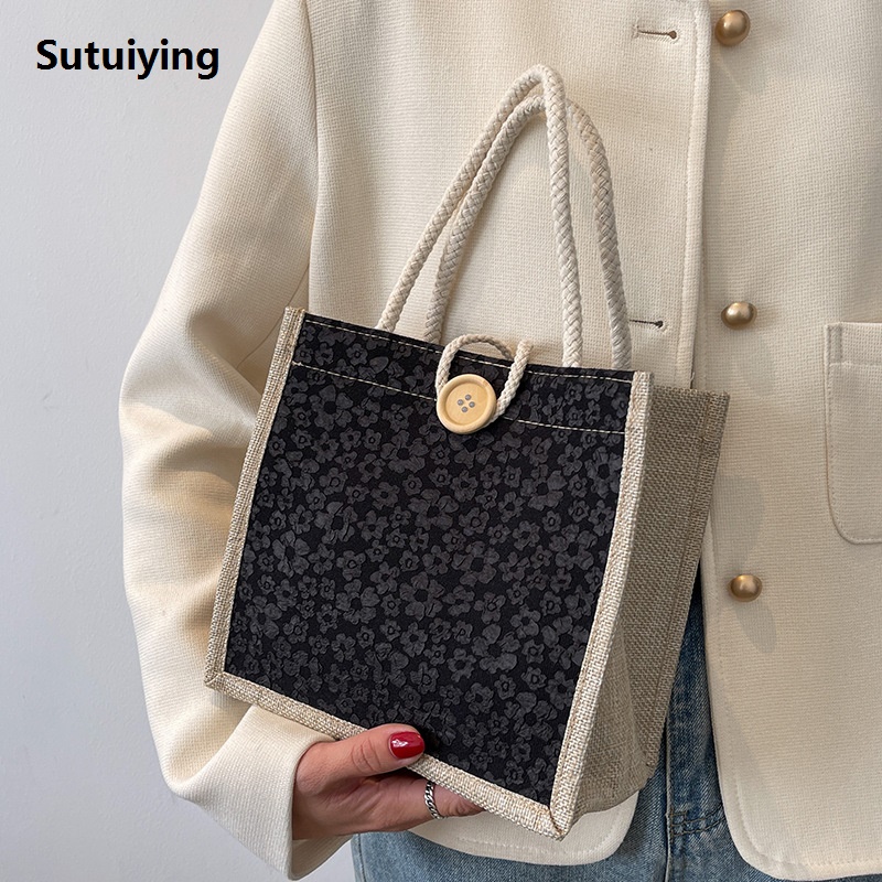 Sutuiying New Fashion Linen Button Zipper Handbag Gift Packing Bag Flower 2025 Pattern Large Grocery Bag Women Beach Tote Portable Lunch Bag