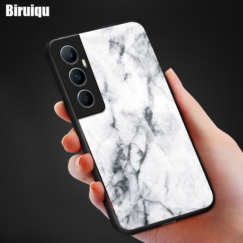 Biruiqu For Realme C65 Shockproof Fashion Marble Tempered Glass Back Case Cover