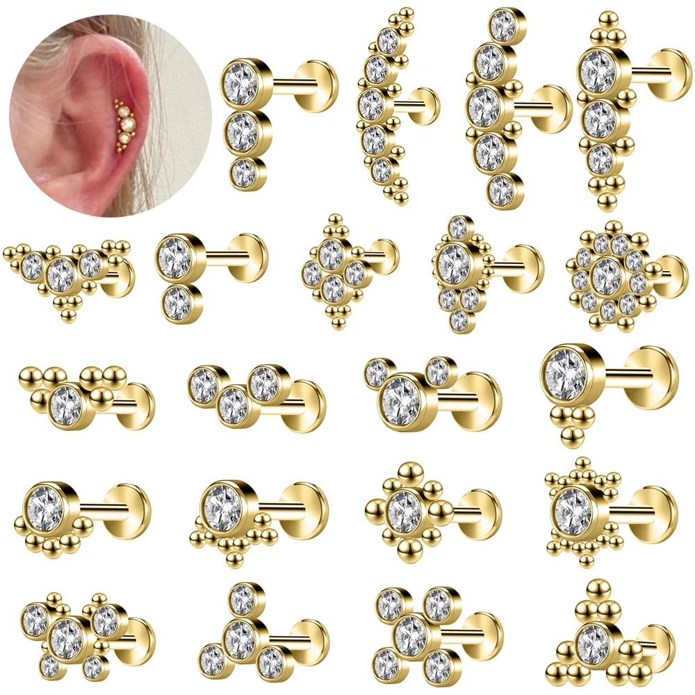 HOT AOEDEJ 16G 1PC Gold Plated Lip Studs Crystal Labret Piercings Stainless Steel Zircon Helix Conch Earring AB White Stud Earring