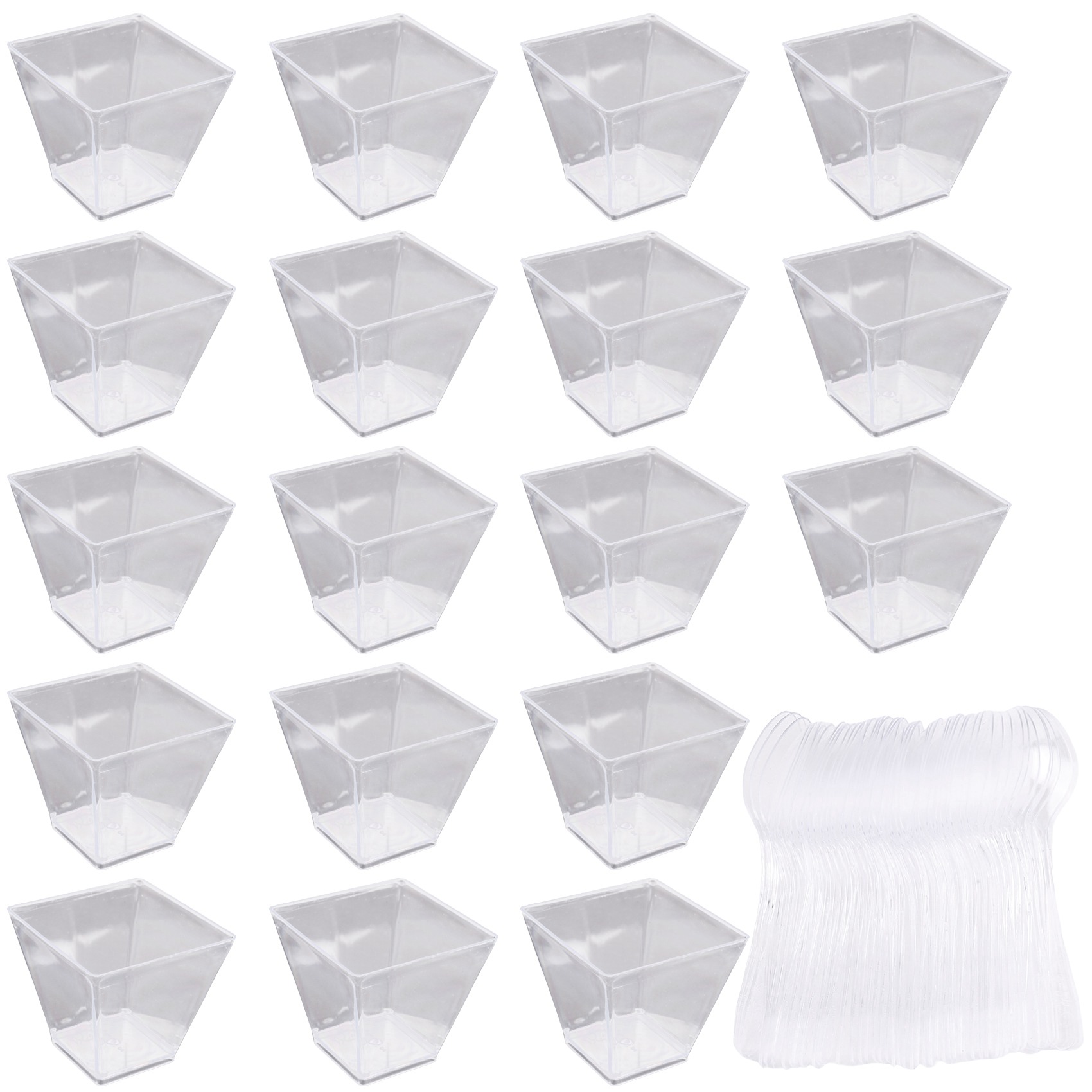 NAMUNY Pack of 50 Dessert Cups with Spoons, 60Ml Dessert Bowls Set, DIY Plastic Dessert Cups, Reusable Trapezoid Cups Set