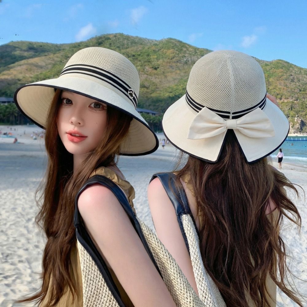 Elegant Stripe Weave Large Brim Bucket Hat Foldable Oversized Sun Hat Sun Protection Breathable Beach Hat Summer