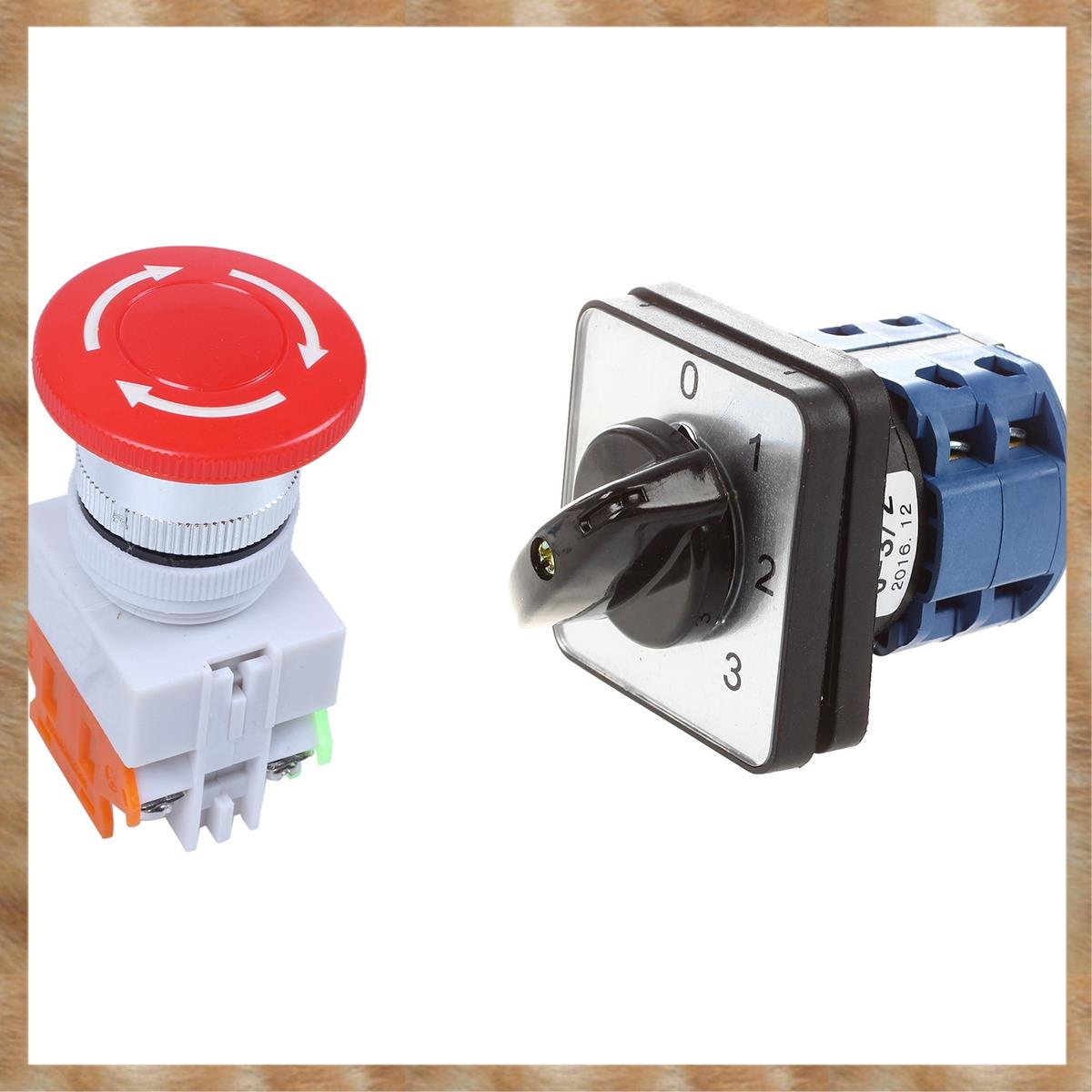 Kqueebee 1 Pcs Red Mushroom Cap Emergency Stop Push Button Switch & 1 Pcs 6 Terminals 4 Positions Rotary Cam Changeover Switch