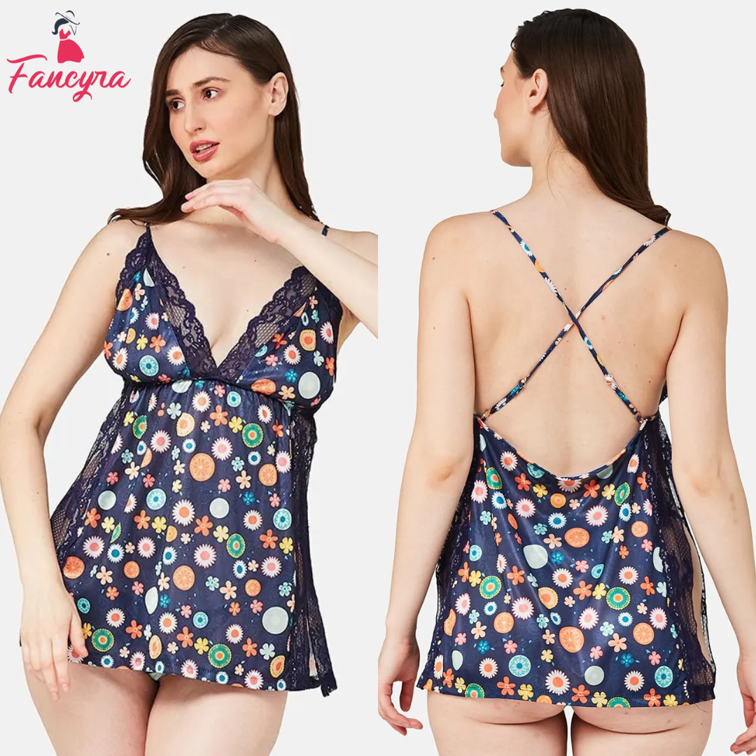 Fancyra Women Satin Lace Printed Babydoll LingerieSide Slit Sleepwear