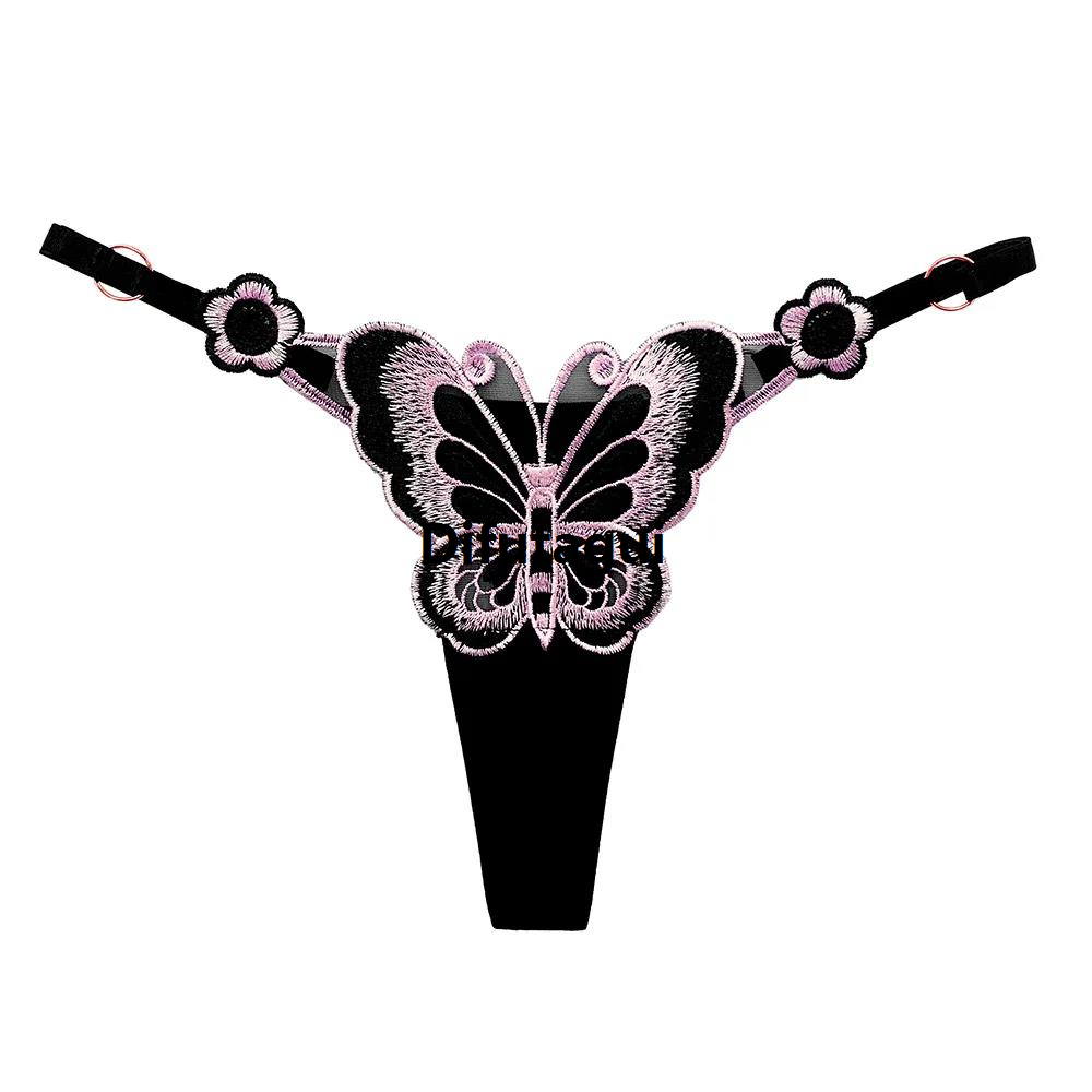 Difutagui Lace Thong Women Butterfly Low Waist Panties G strings Transparent Mesh Briefs Adjustable Waist Panties Culotte Femme