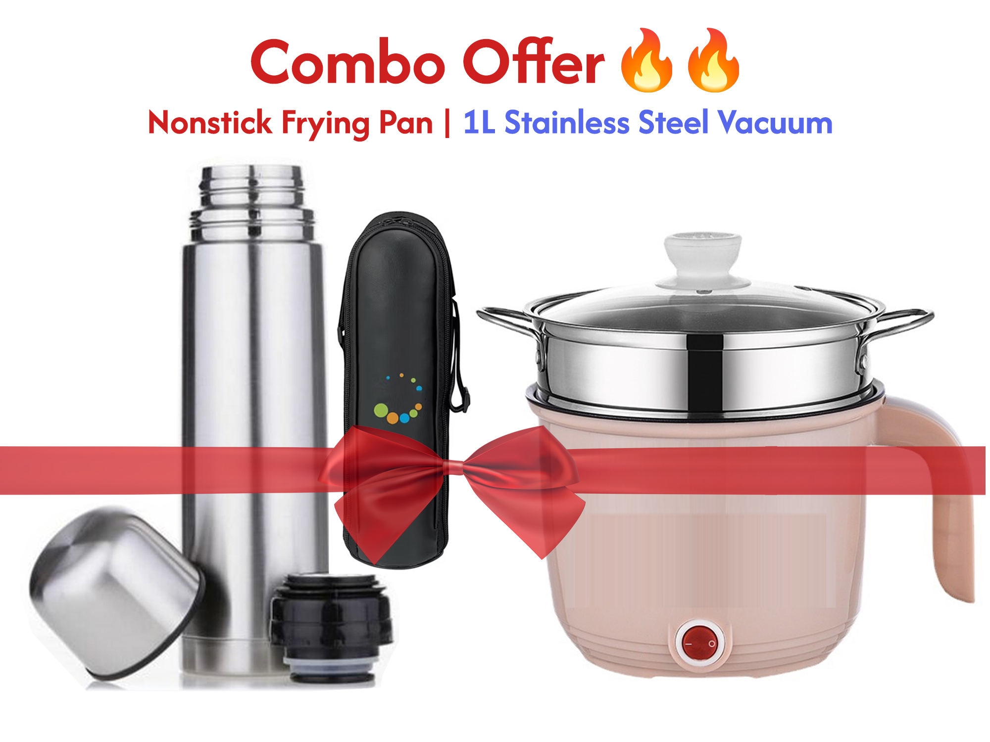 2-in-1 Combo: Non-Stick Electric Frying Pan | Electric Momo Maker | Multi-Purpose Mini Cooking Pot for 1-2 People | 1000ML Double Wall Vacuum Flask with Bag | Hot & Cold Water Bottle