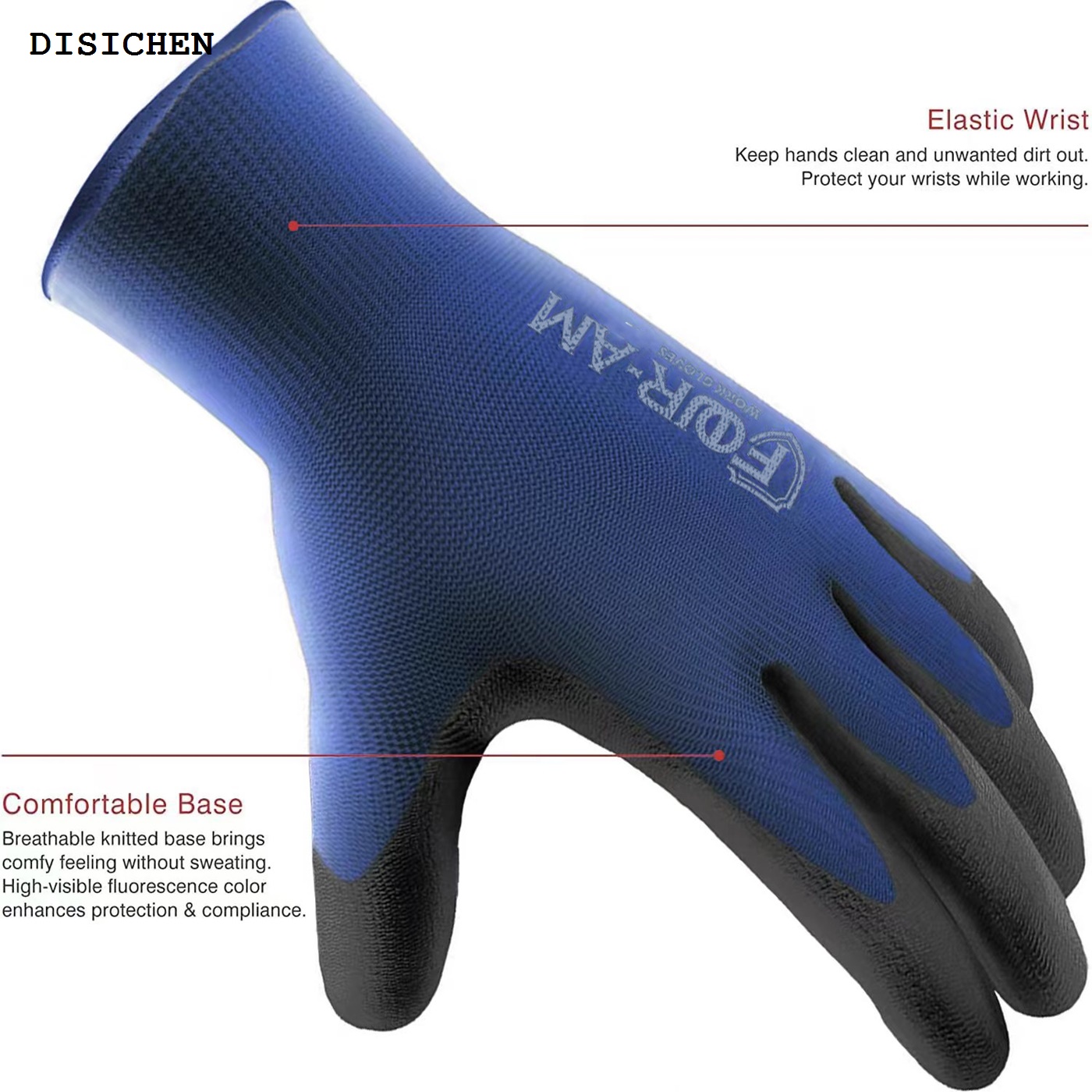 DISICHEN Hot Selling 12pairs Ultra-Thin PU Coated Work Gloves,Excellent Grip,Nylon Shell Black Polyurethane Coated Safety Work Gloves,Knit Wrist Cuff