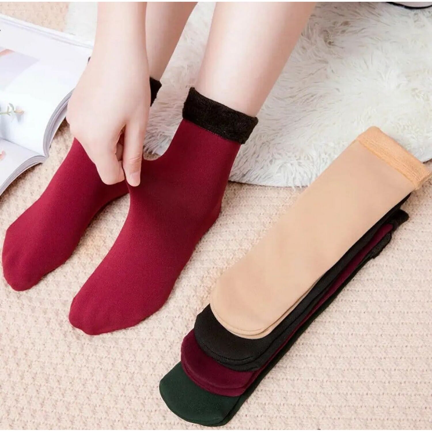 Comfort Corner Pack of 10 (5 Pairs) Women Velvet Fur Inside Winter Socks