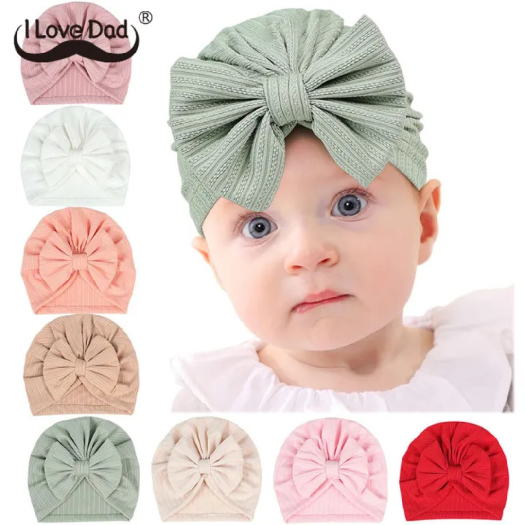 Baby Girls Solid Color Cotton Turban Hat with Bow - Stretchy and Comfortable Infant Headwear for Newborns